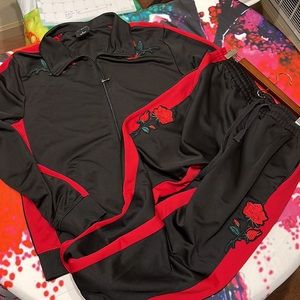 Red and black rose embroidered sweat suit jacket and sweat pant set